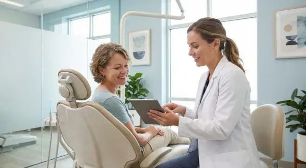 Dentystka w białym fartuchu pokazuje pacjentce tablet w gabinecie stomatologicznym.