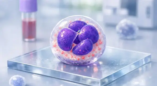 Ilustracja komórki z fioletowymi jądrami i czerwonymi ziarnistościami, na tle laboratoryjnym.