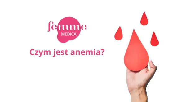 Dłoń trzymająca dużą czerwoną kroplę krwi, obok mniejsze krople i logo "femme MEDICA".