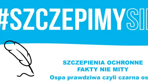 #SzczepimySię: szczepienia ochronne, fakty nie mity. Ospa prawdziwa czyli czarna ospa. Piórko symbolizuje wiedzę.