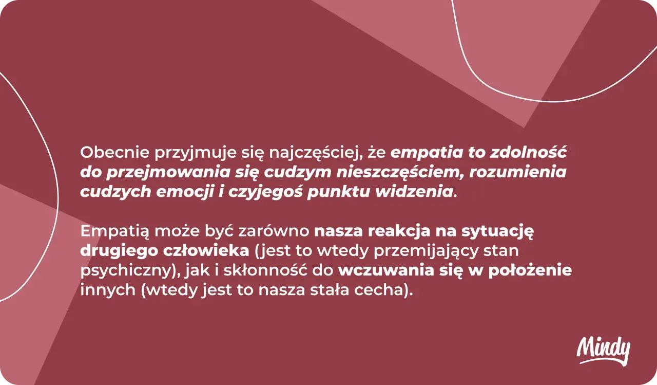 Grafika z tekstem o empatii na ciemnoróżowym tle z białymi liniami i logo Mindy.