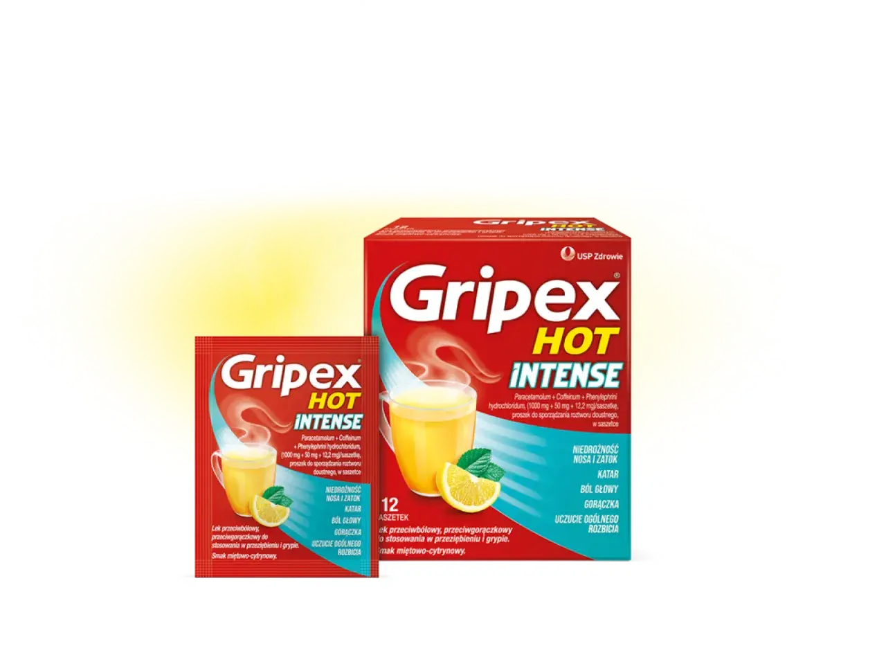 Opakowanie i saszetka leku Gripex Hot Intense z cytryną i parującym napojem.