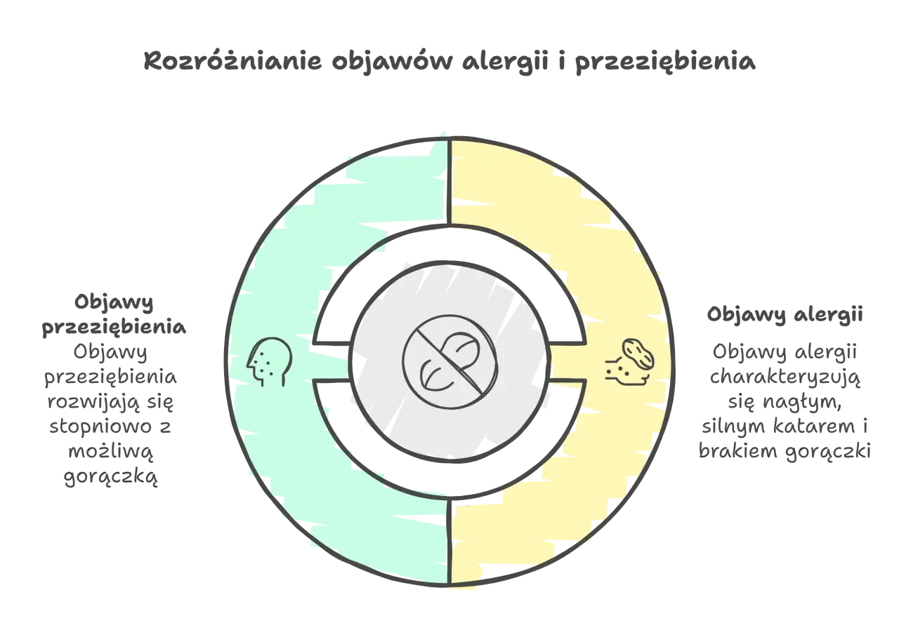 Diagram porównuje objawy alergii i przeziębienia. Alergia objawia się nagłym, silnym katarem, bez gorączki.