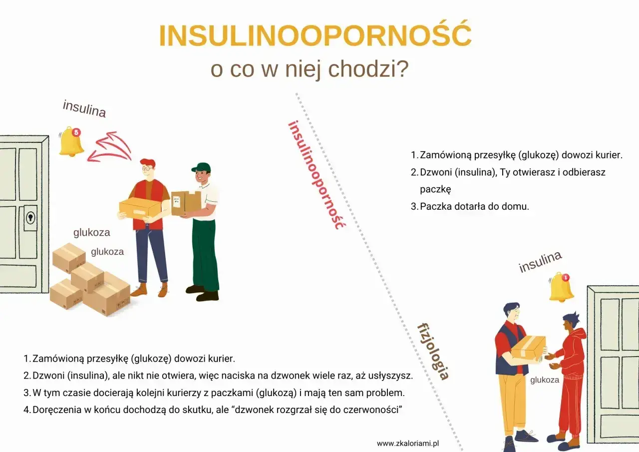 Ilustracja wyjaśnia insulinooporność: kurierzy z glukozą dzwonią, ale insulina nie otwiera, co utrudnia dostarczenie.