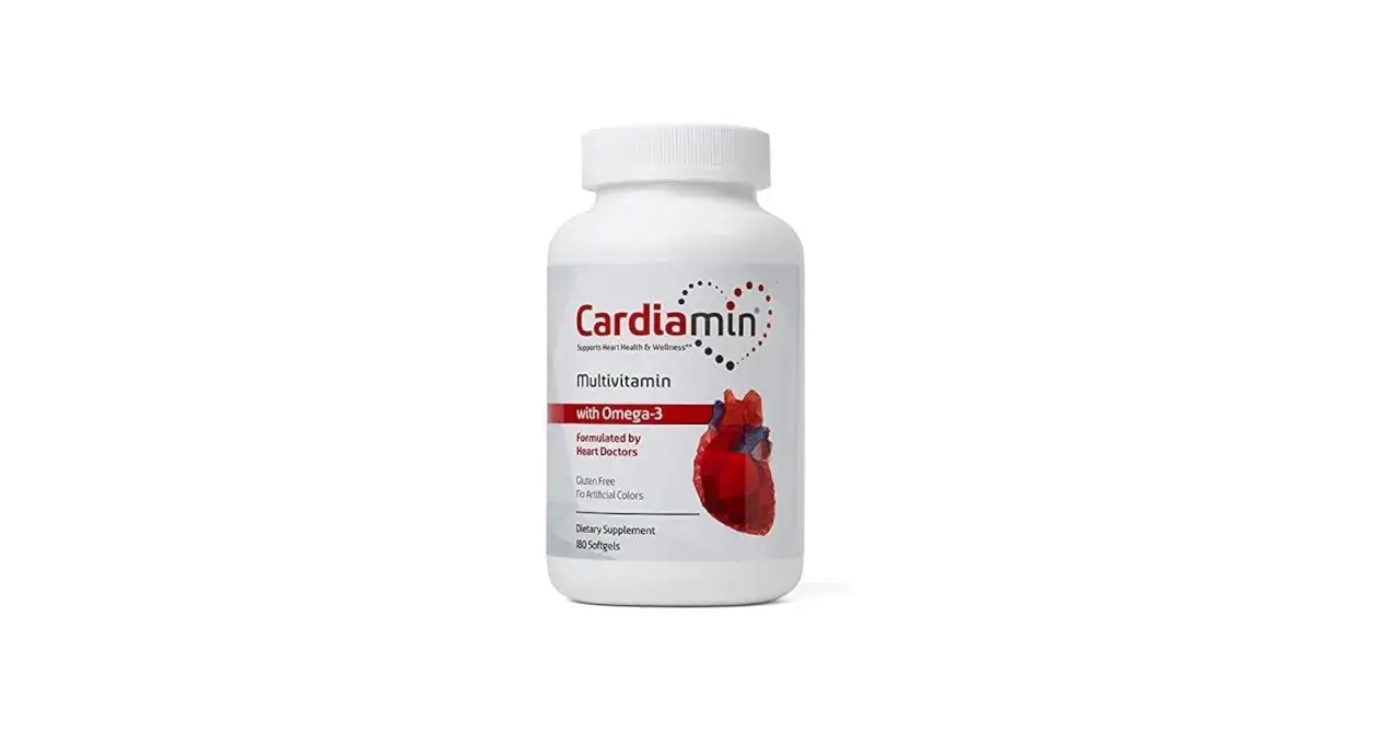 Biała butelka suplementu diety Cardiomin z multivitaminami i omega-3, wspierająca zdrowie serca.