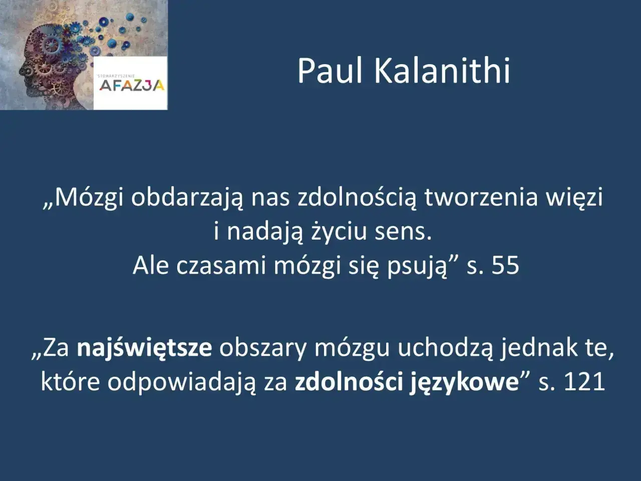 Grafika z logo "Afazja" i cytatem o mózgu. Podkreśla znaczenie zdolności językowych, ważnych także w przypadku afazji u dzieci.