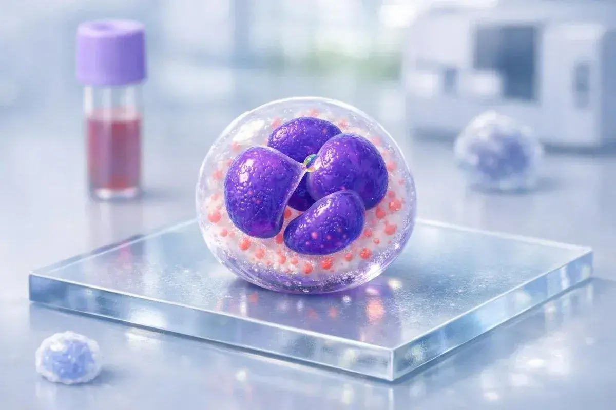 Ilustracja komórki z fioletowymi jądrami i czerwonymi ziarnistościami, na tle laboratoryjnym.