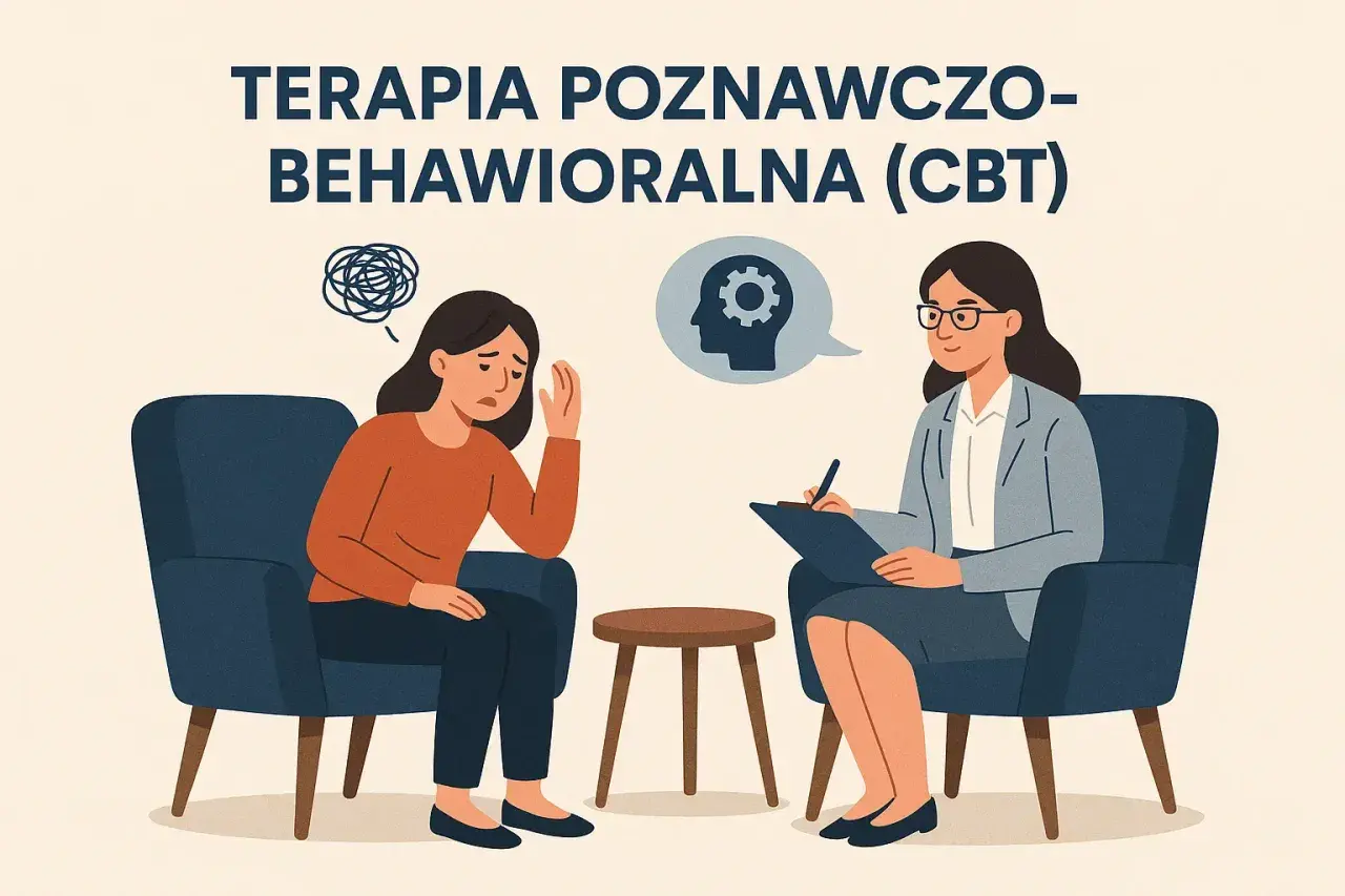 Ilustracja przedstawia sesję terapii poznawczo-behawioralnej: pacjentka zmartwiona siedzi naprzeciwko terapeutki.