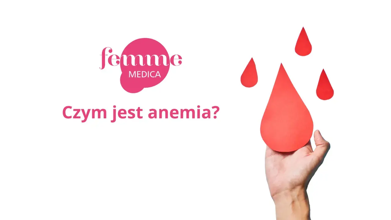 Dłoń trzymająca dużą czerwoną kroplę krwi, obok mniejsze krople i logo "femme MEDICA".