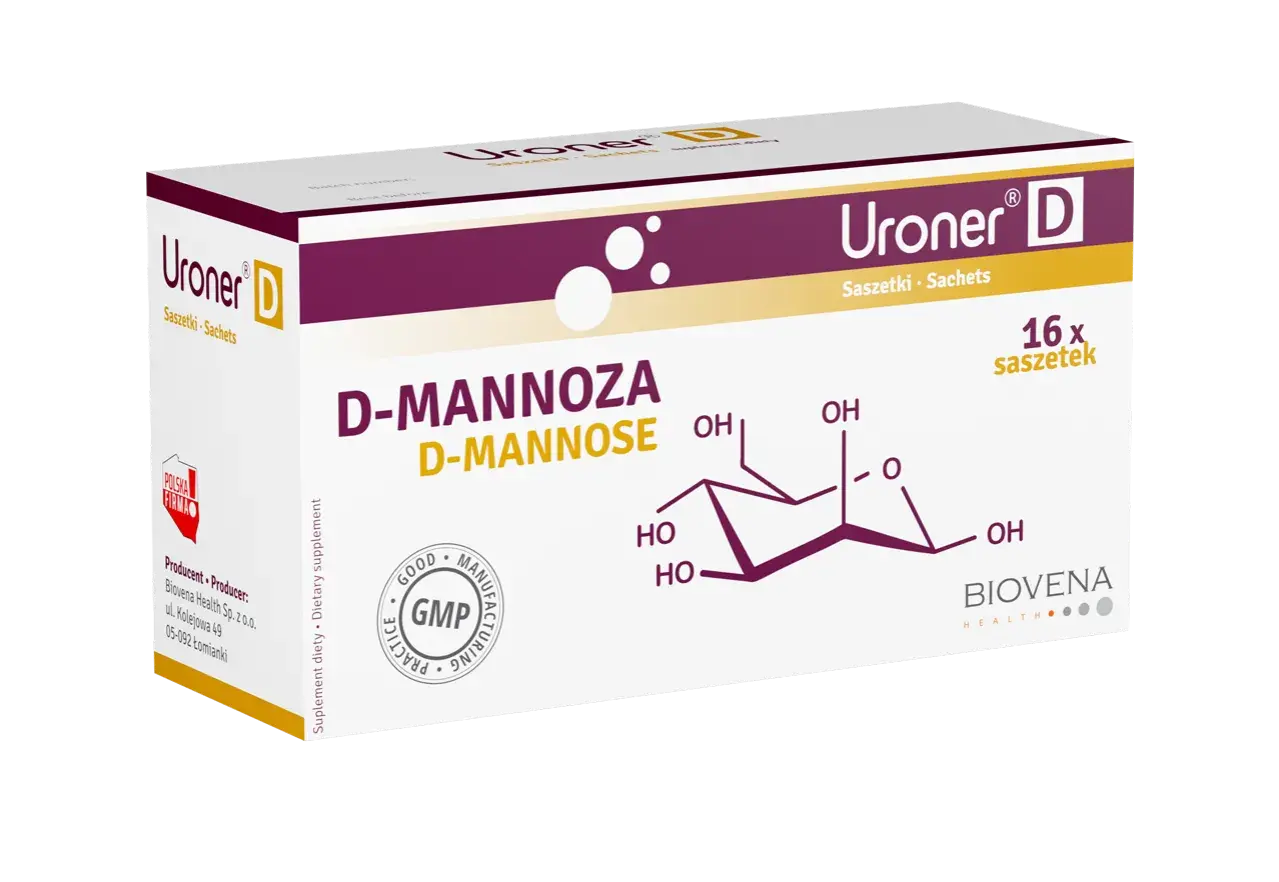 Opakowanie Uroner D z D-mannozą, 16 saszetek. Widoczny wzór chemiczny D-mannozy.