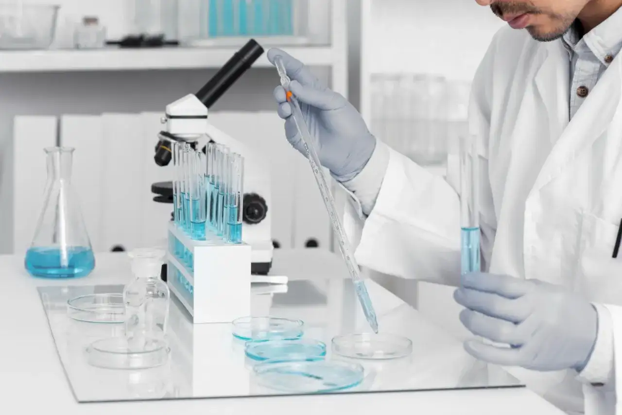 Badacz w laboratorium pobiera próbkę płynu pipetą. Badania nad zespołem Klinefeltera mogą pomóc w lepszym zrozumieniu jego przyczyn i leczenia.