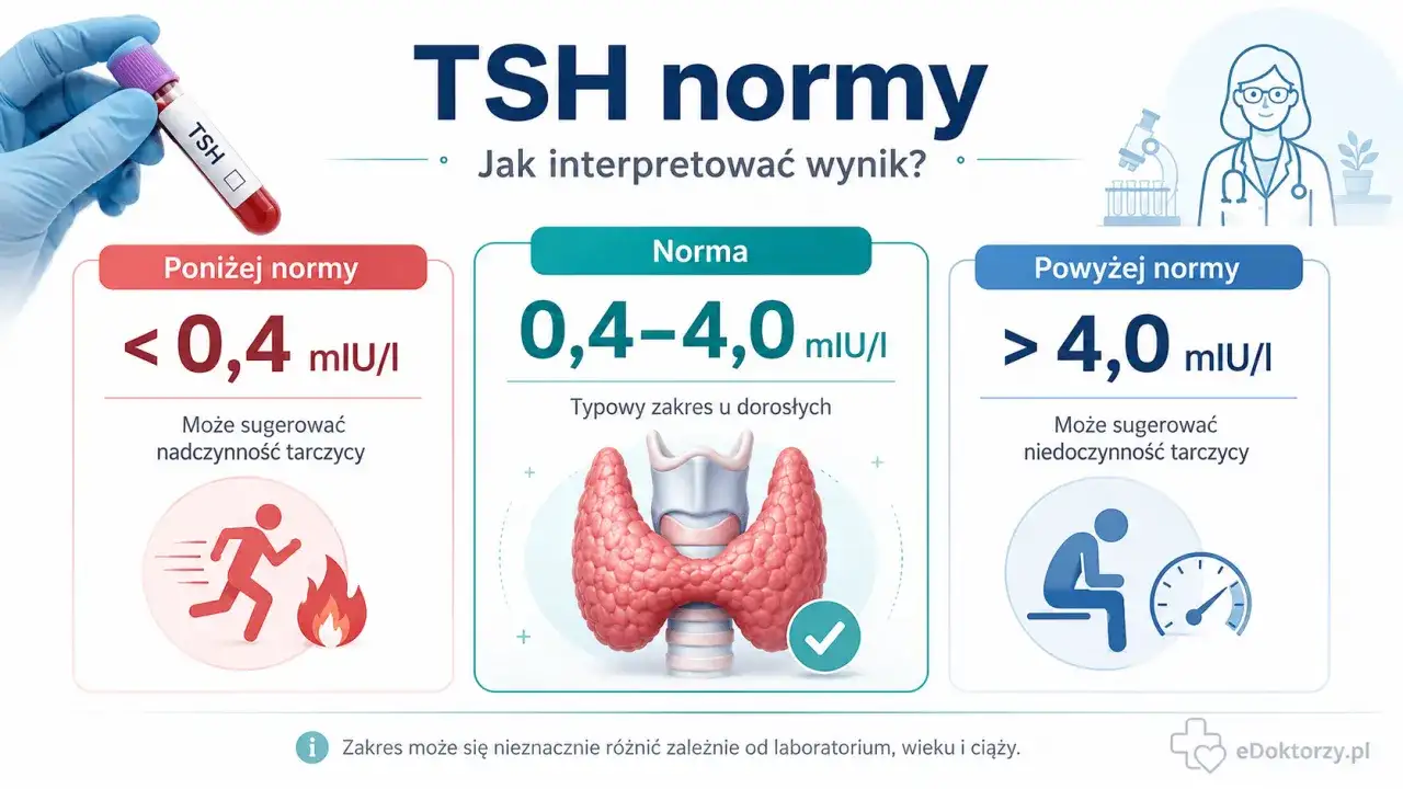 Wysokie TSH (>4,0 mIU/I) może sugerować niedoczynność tarczycy. Obok normy i wyników poniżej normy.