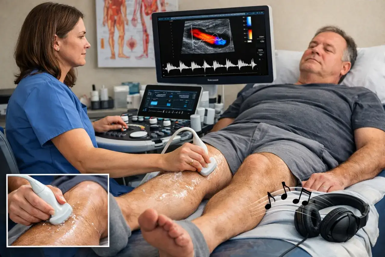 Lekarz wykonuje badanie USG nogi pacjenta, diagnozując przyczynę chromania przestankowego.