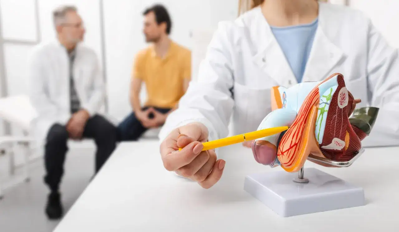 Lekarz wyjaśnia pacjentowi budowę jąder i powrózka nasiennego, wskazując na model anatomiczny, gdzie widoczne są żylaki powrózka nasiennego.