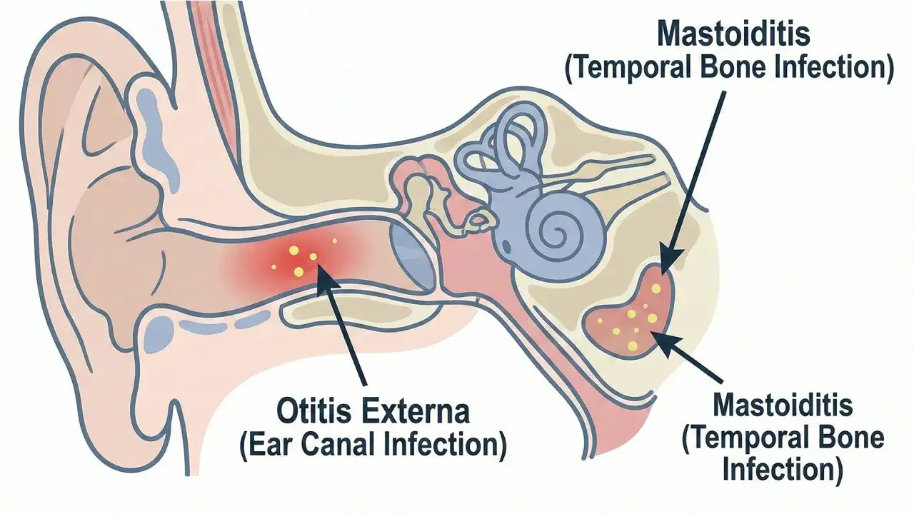 Ilustracja przedstawia przekrój ucha z zaznaczonym zapaleniem ucha zewnętrznego (Otitis Externa) i zapaleniem wyrostka sutkowatego (Mastoiditis), które mogą powodować silny ból ucha.