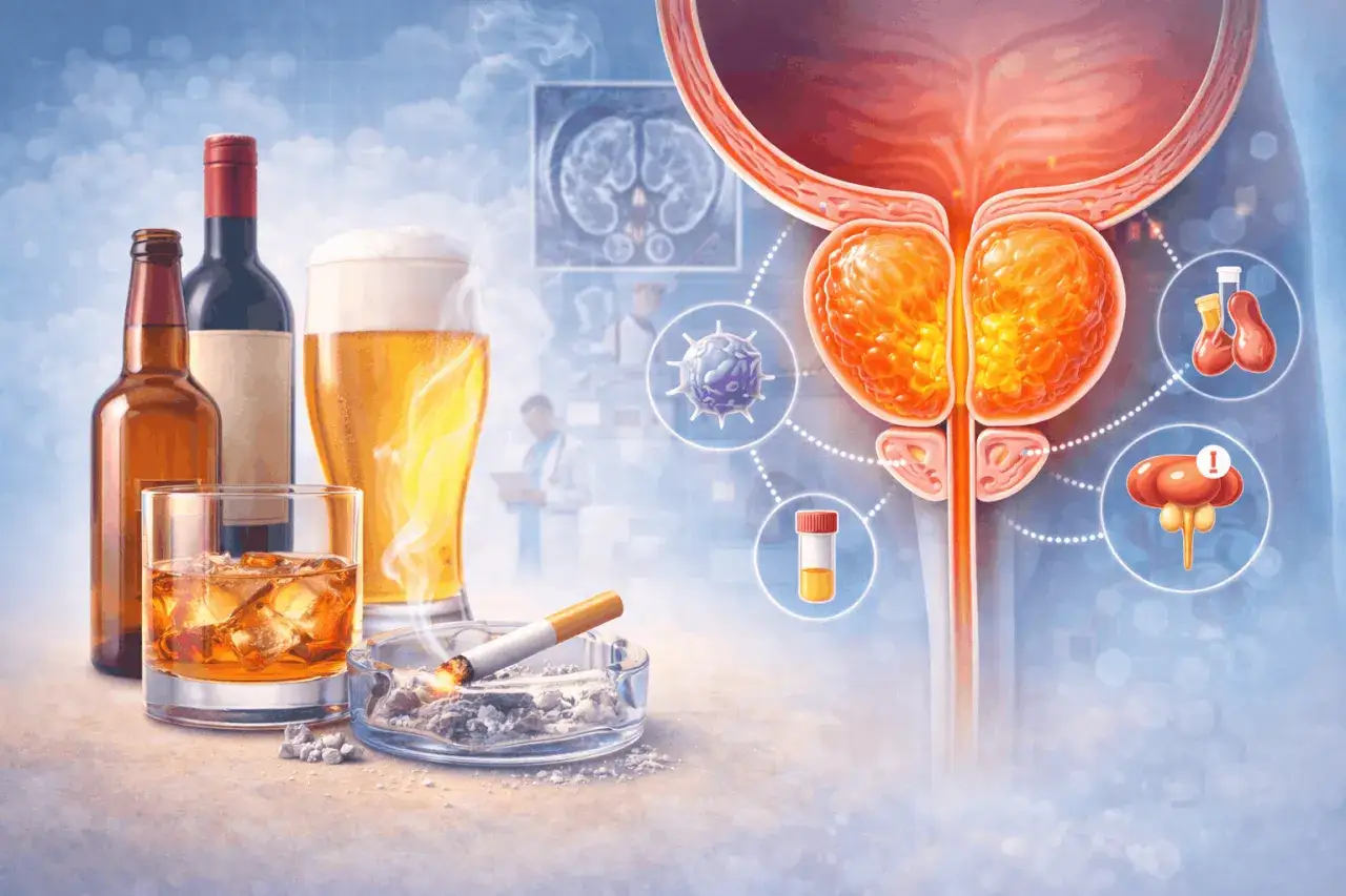 Alkohol po operacji prostaty? Obrazek sugeruje, że to nie najlepszy pomysł, pokazując alkohol i papierosa obok schematu układu moczowego.