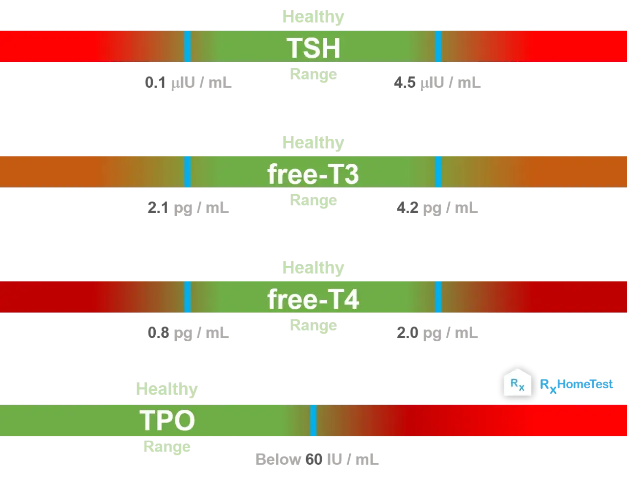 Wyniki badań tarczycy: TSH, free-T3, free-T4 i TPO. Wartości free-T4 mieszczą się w ft4 norma.