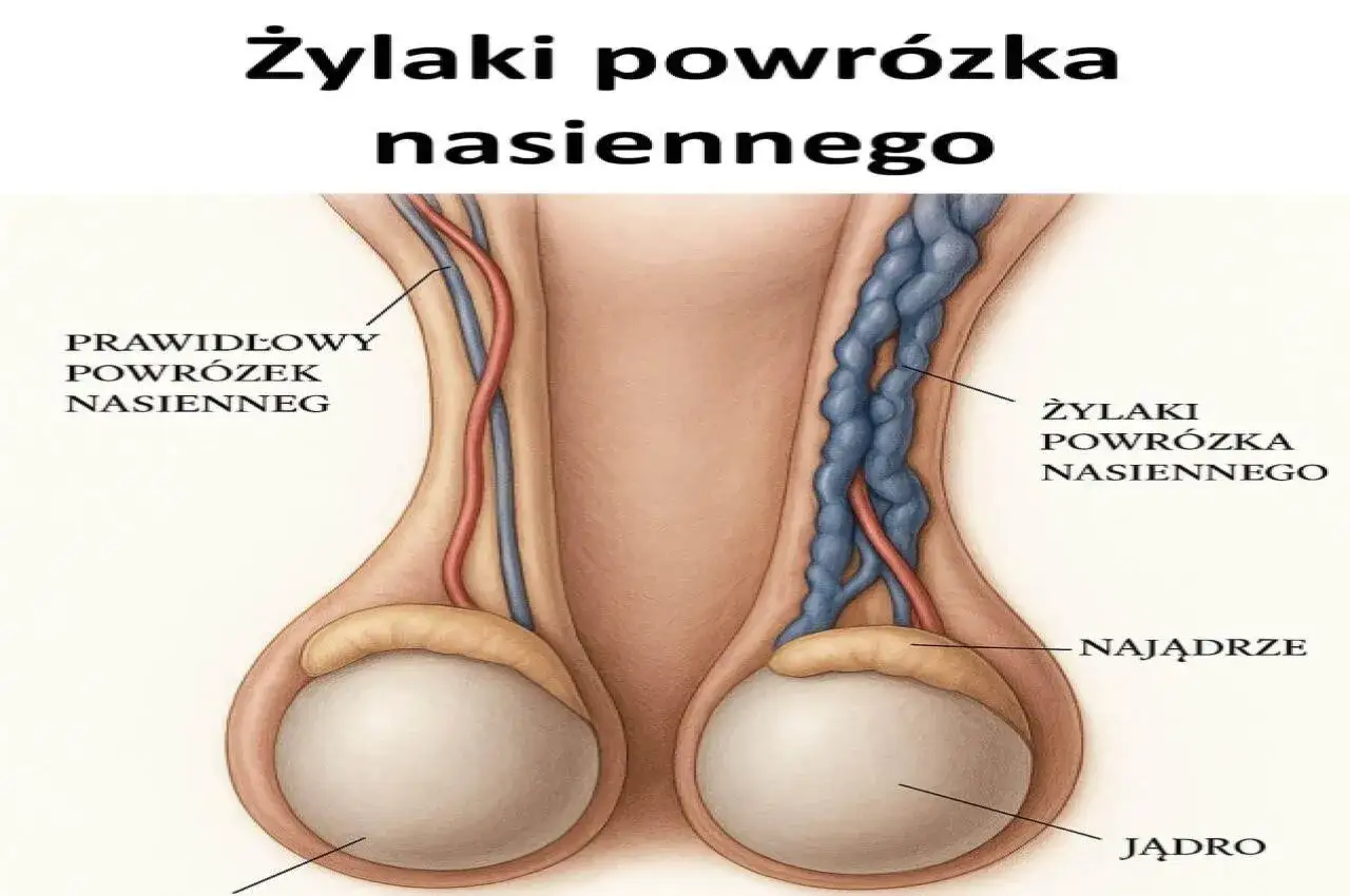 Porównanie prawidłowego powrózka nasiennego z powiększonymi żyłakami powrózka nasiennego, ukazujące ich budowę i wpływ na jądro.