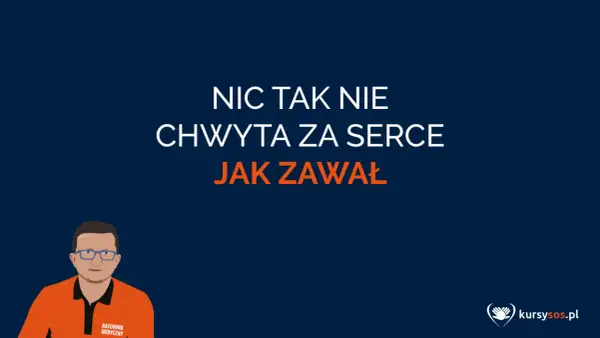 Ratownik medyczny w pomarańczowej bluzie z napisem "RATOWNIK MEDYCZNY" i okularach. Na ciemnym tle napis: "NIC TAK NIE CHWYTA ZA SERCE JAK ZAWAŁ".