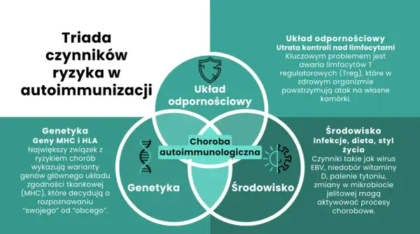 Diagram przedstawia triadę czynników ryzyka chorób autoimmunologicznych: genetykę, układ odpornościowy i środowisko.