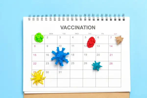 Kolorowe modele wirusów na kalendarzu z napisem VACCINATION.