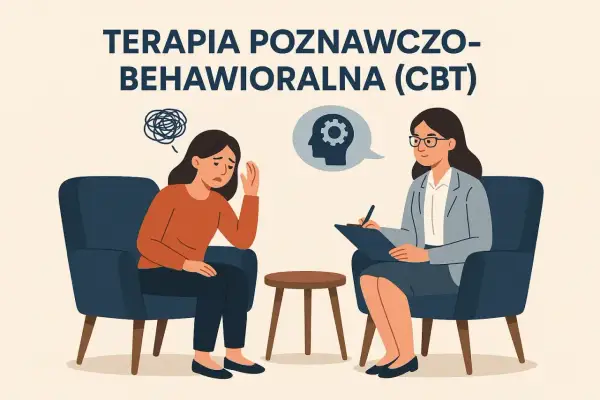 Ilustracja przedstawia sesję terapii poznawczo-behawioralnej: pacjentka zmartwiona siedzi naprzeciwko terapeutki.