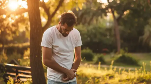 Mężczyzna w białej koszulce trzyma się za brzuch, zgięty w pół. Słońce przebija się przez drzewa, tworząc ciepłą, złotą poświatę. Może to być symbol bólu związanego z chorobą Leśniowskiego-Crohna.