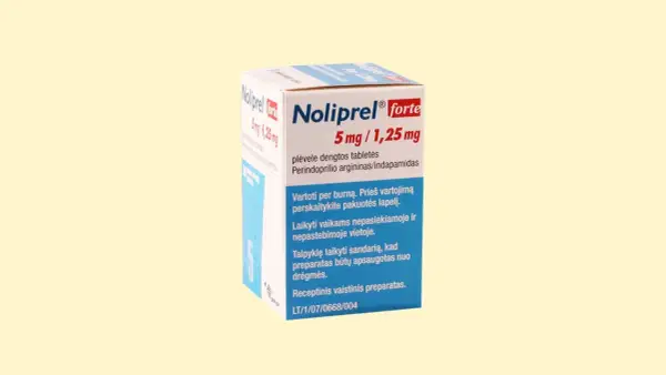 Opakowanie leku Noliprel forte 5 mg/1,25 mg, który może być najbezpieczniejszym lekiem na nadciśnienie. Zawiera perindopril i indapamid.