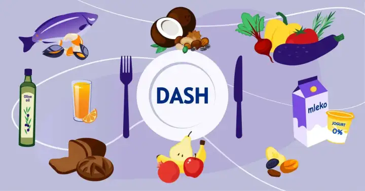 DASH dieta to klucz do tego, jak obniżyć wysokie ciśnienie. Na talerzu ryby, warzywa, owoce, nabiał, orzechy i oliwa.